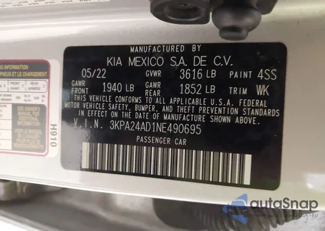 2022 Kia Rio Lx z USA, uszkodzony, nr VIN 3KPA24AD1NE490695